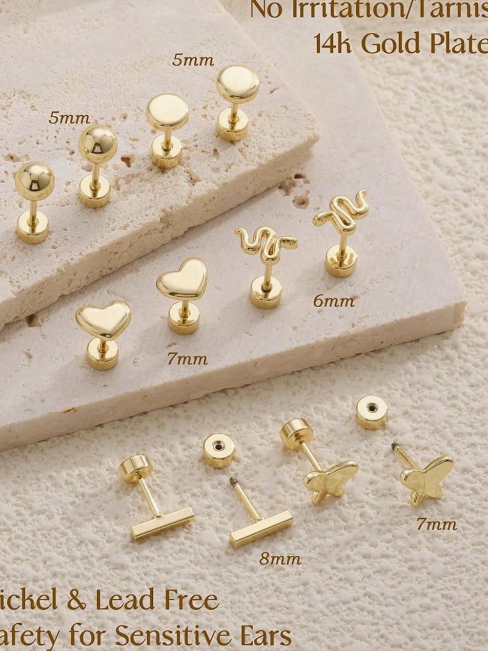 Gold Stainless Steel 8-Pair Stud Earring Set - Heart, Butterfly & Bar Designs